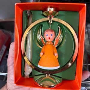 New Vintage German Angel Candle Holder Figurine Gold Orange Wood Metal Open Box